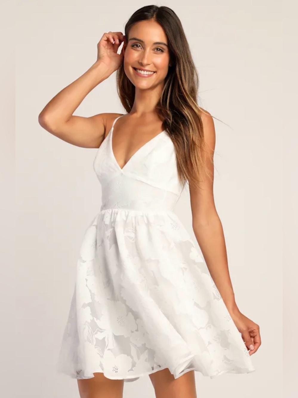 White Floral Embroidered V-Neck Spaghetti Strap Dress